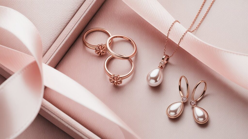 Agrupación de joyas de oro rosa por colección para un impacto visual fuerte y profesional en vitrina