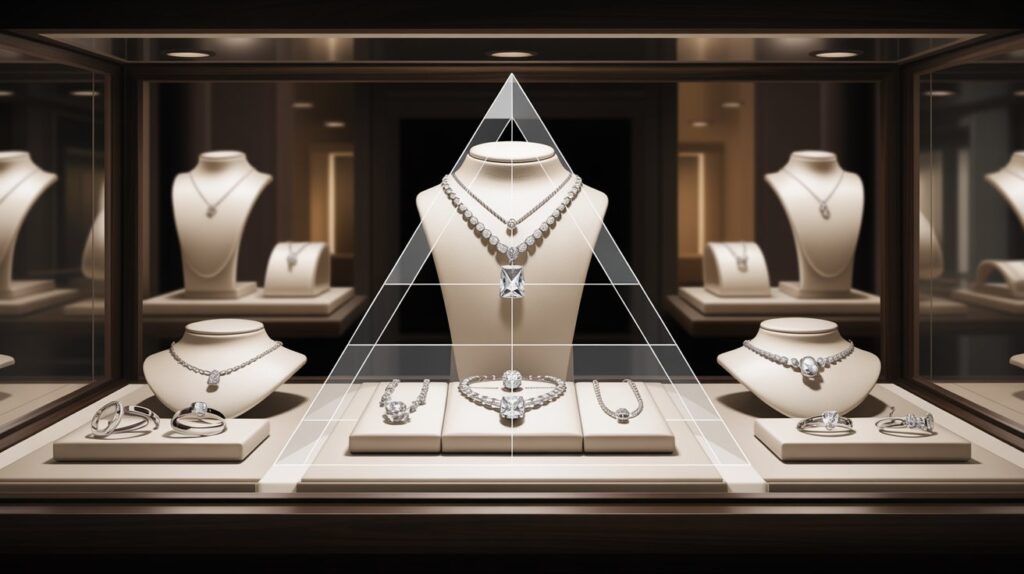 Diagrama de la técnica de pirámide visual para composición equilibrada y profesional en vitrinas de joyería