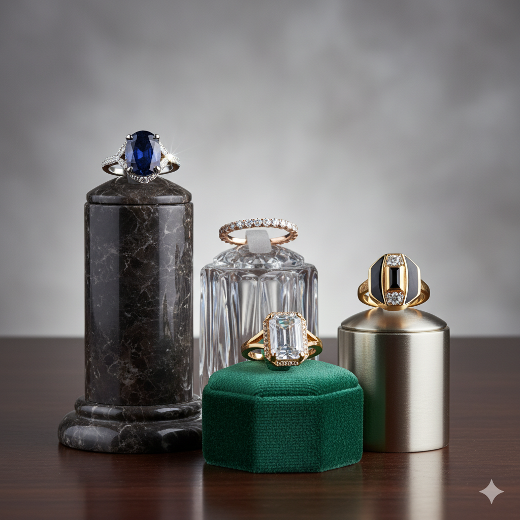 Uso de taponeras de diferentes alturas para crear una exhibicion de anillos dinamica y moderna en joyerias